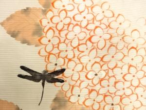 アンティーク　絽　手描き　蜻蛉に紫陽花模様刺繍昼夜帯